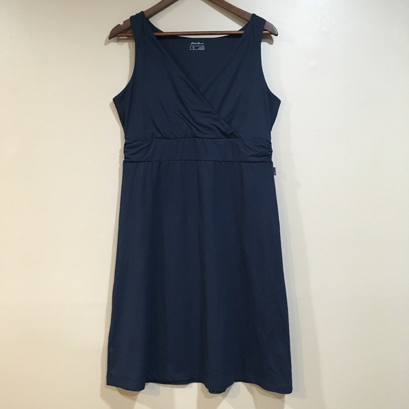 Eddie Bauer Dresses & Skirts - Eddie Bauer Womens L Tall Navy Blue V Neck Faux Wrap Ruched Waist Midi Dress